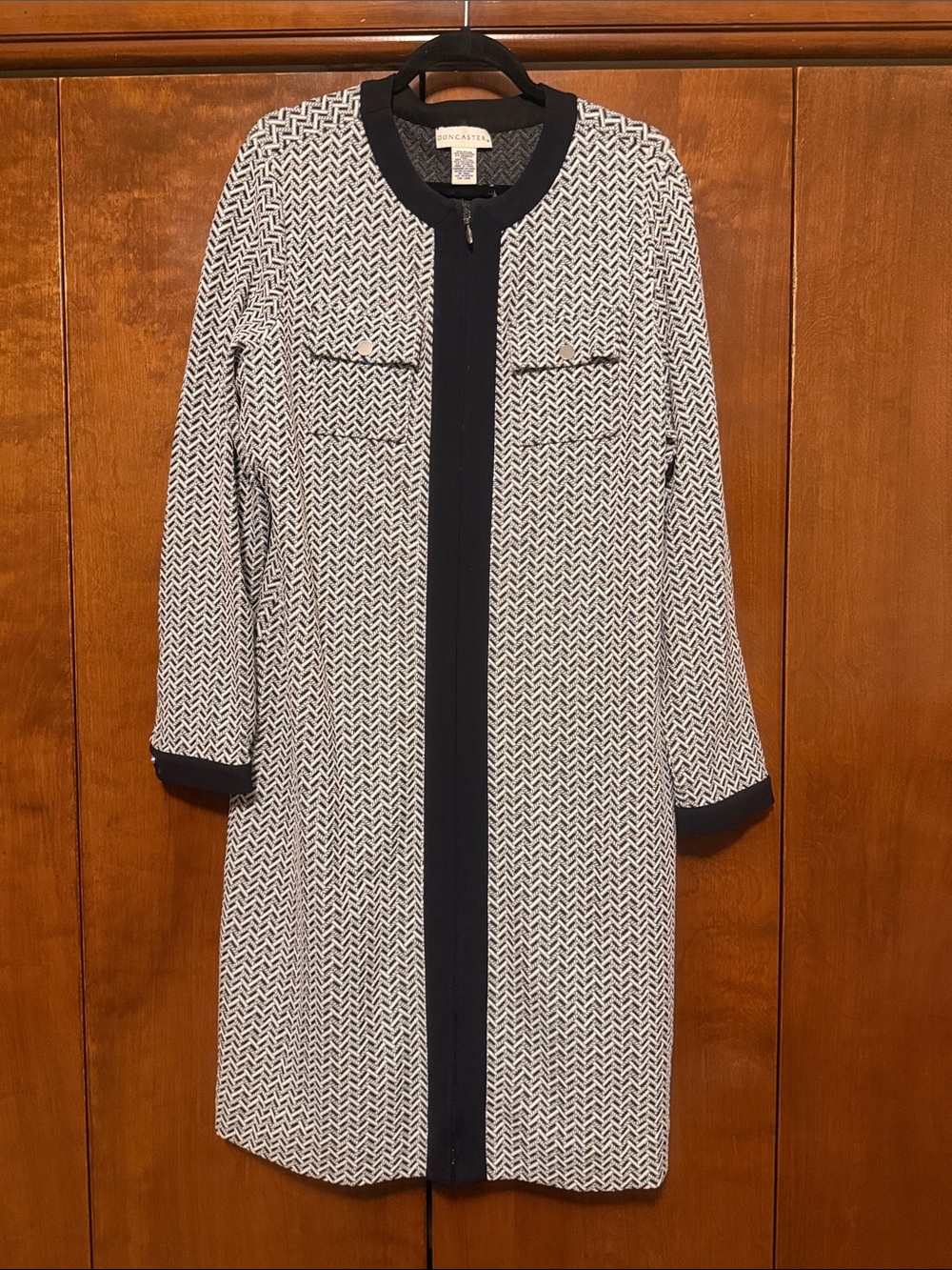 Doncaster Navy and White Long Sleeve Tweed Coat Dress